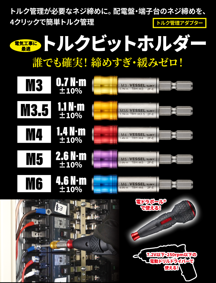トルク管理が必要なネジ締めに。配電盤・端子台のネジ締めを、4クリックで簡単トルク管理　トルクビットホルダー